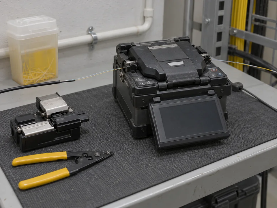 工作枱上的光纖熔接設備與準備工具示意