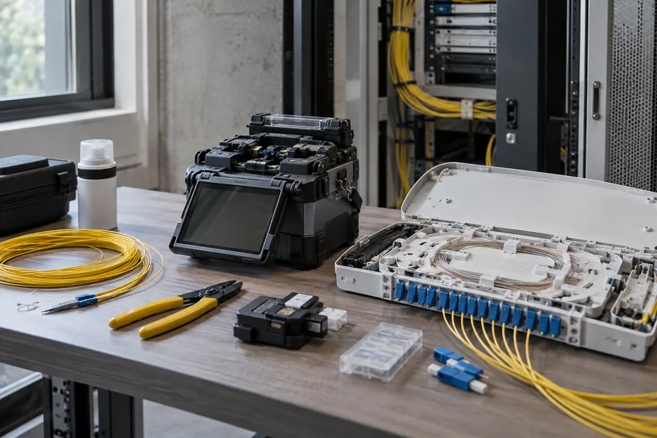 Fiber splicing illustration: splicing equipment, fiber connectors and work area