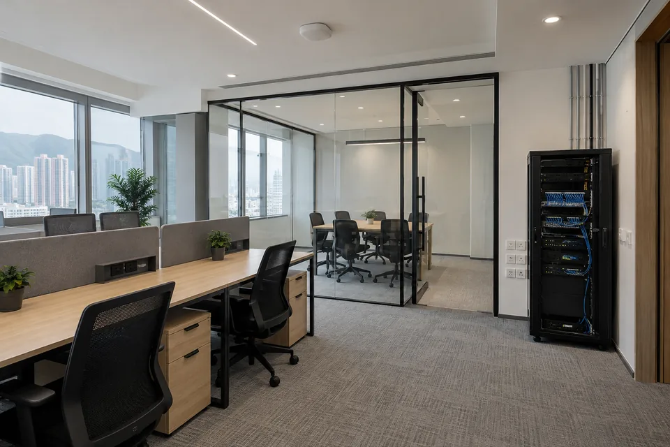Office network engineering illustration: workspace, glass meeting room, ceiling AP and rack; not an actual project