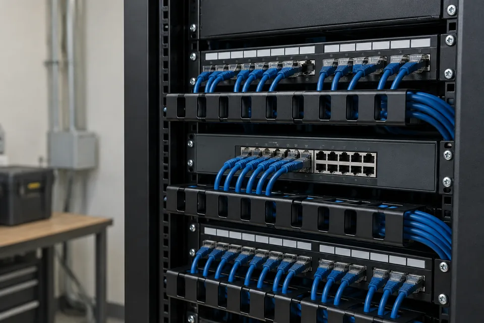 機櫃配線場景示意：Patch Panel、Switch 及整齊網絡接線